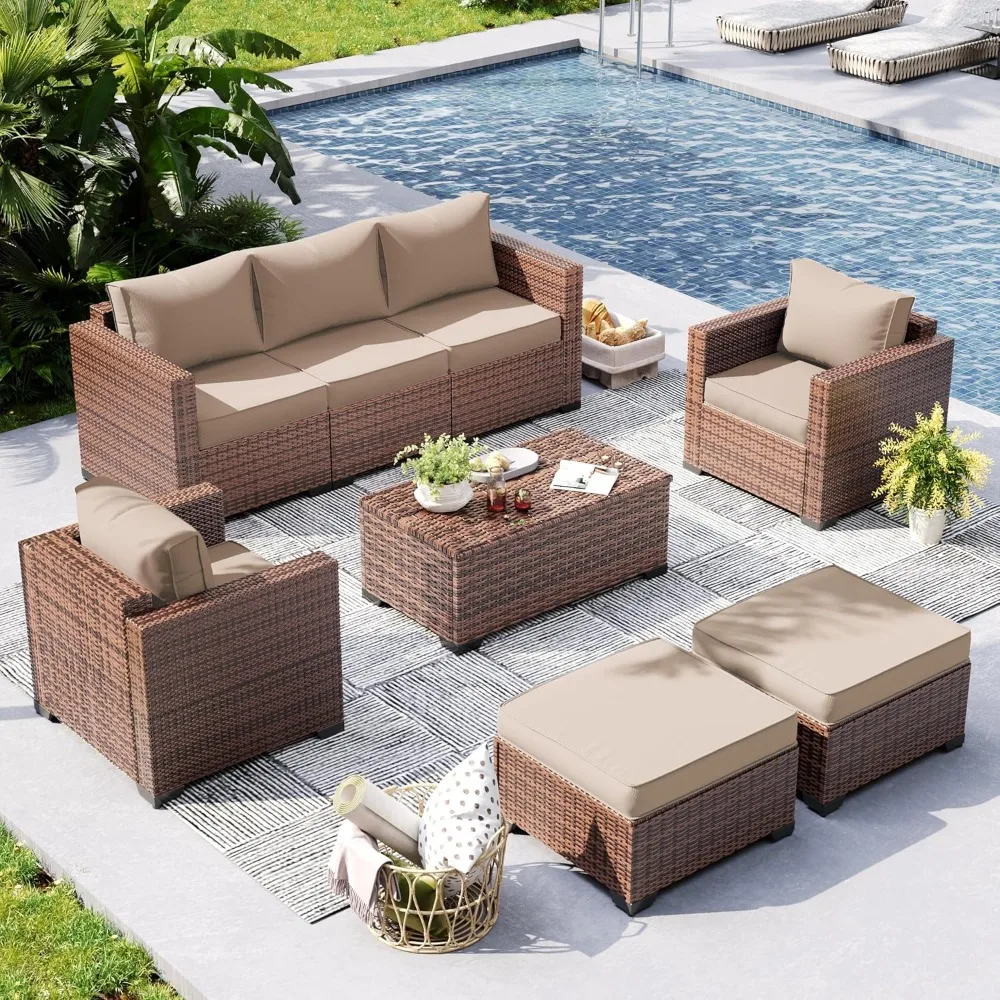 6 Piece Patio Furniture 7 Seats Wicker Outdoor Sectional, Thick Cushions Patio Couch Chair with Ottoman & Storage Table