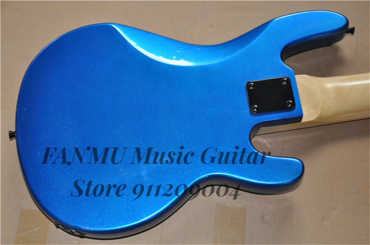 Left Hand Bass Guitar 6 Strings Metal Blue Bass Ray Body Maple Fingerboard 21 Frets Black Pickguard Fixed Bridge Black Tuners