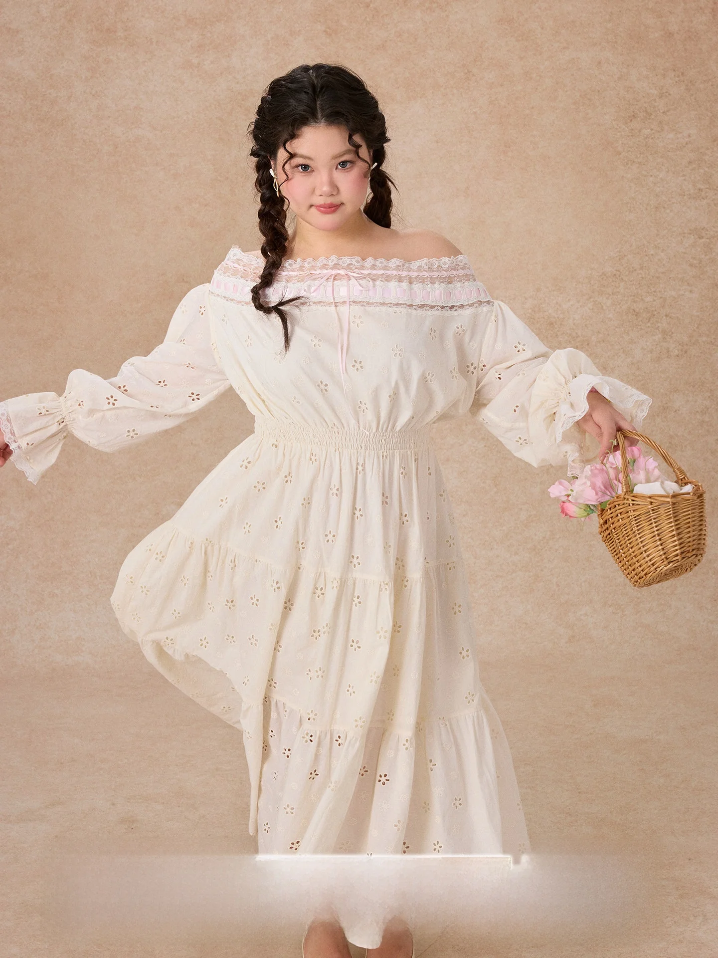 

Country Style Commute Dress Women's plus Size One Shoulder Cotton Dress Long Sleeve mid Length A-Line Skirt White Camellia