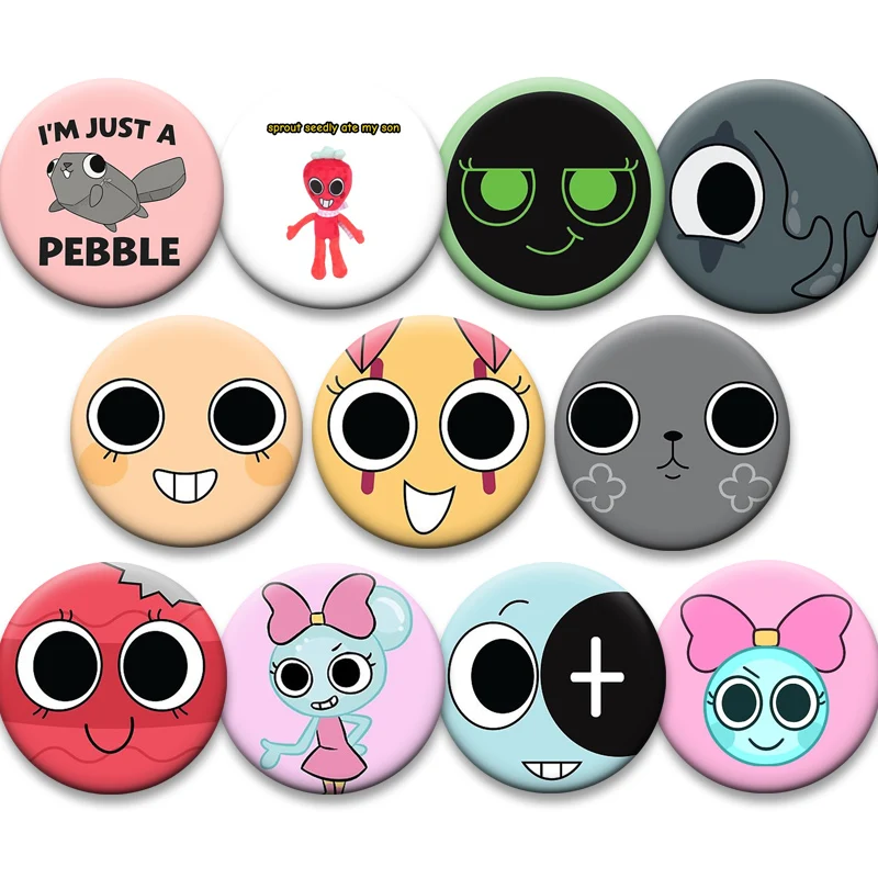 Broches et badges ronds exquis à l'effigie de personnages de dessins animés mignons : Astro, Pebble, Shelly, Sprout, Vee, Bobette, Gourdy, Boxten, Poppy, Tisha, Shrimpo