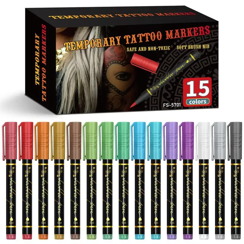 

15 Colors Temporary Tattoo Markers for Skin, Flexible Brush Tip Body Tattoo Pens, Cosmetic Face Paint Kit for Halloween Makeup