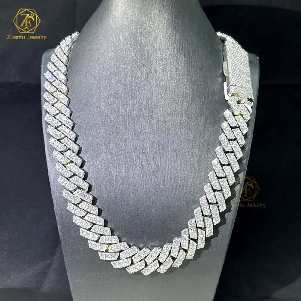 2023 Hip Hop Jewelry Bling 20mm Sterling Silver 1 Row Vvs Moissanite Diamond Iced Out Miami Cuban Link Chain Necklace