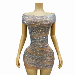 Sexy Silver Rhinestones Mini Dress Birthday Celebrate Party Outfit Singer Transparent Performance Designed Costume gangsuo