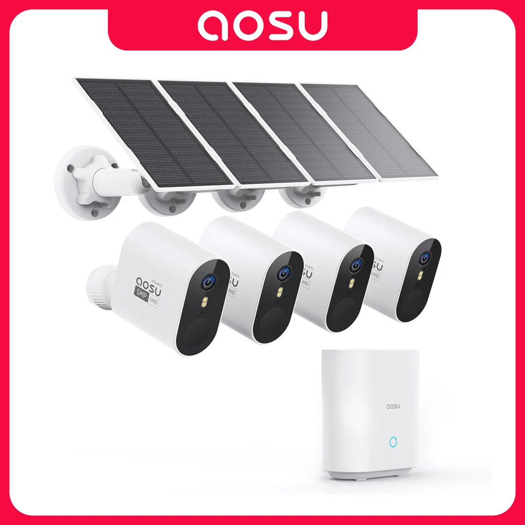 AOSU 5MP 4 Cam Kit Wireless Solar Camera System Outdoor WiFi Solar Security Camera Set Color Night Vision 2-Way Talk