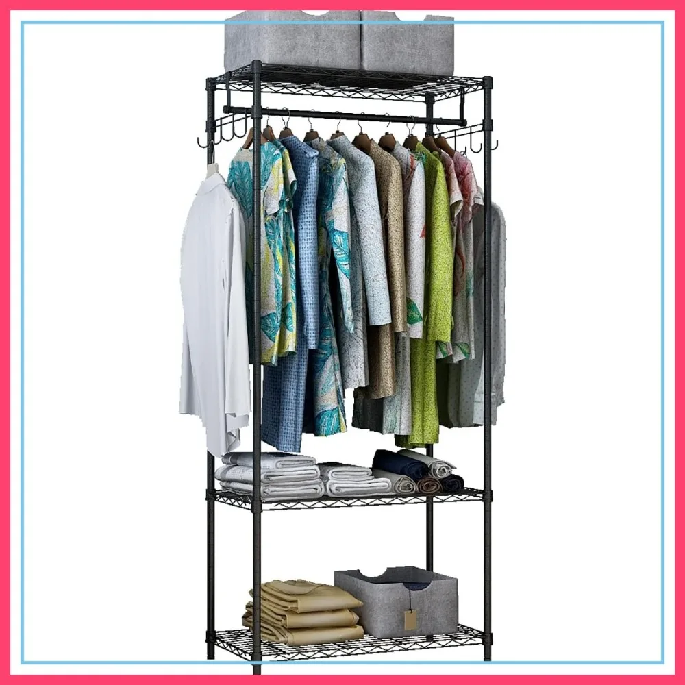 

3-Tier Heavy Duty Clothing Rack, Metal Garment Rack with 2 Side Hooks, Adjustable Hanging Rack for Bedroom, Laundry, Black