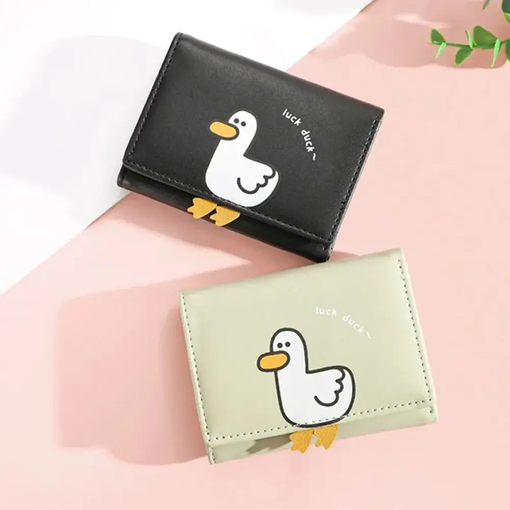 Casual PU Leather Kawaii Women Wallet Luck Duck Hasp Short Fold Wallets Creative Cartoon Trifold Coin Purse Female