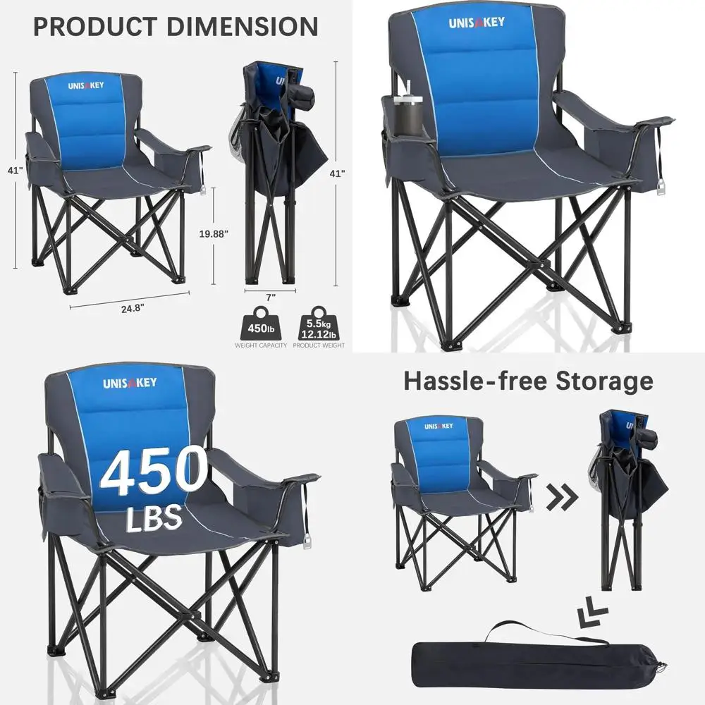 

Heavy-Duty Portable Lawn Chair with Cup Holder and Cooler Bag, 450lbs Capacity, Suitable for Camping, Gardening, Beach, Blue