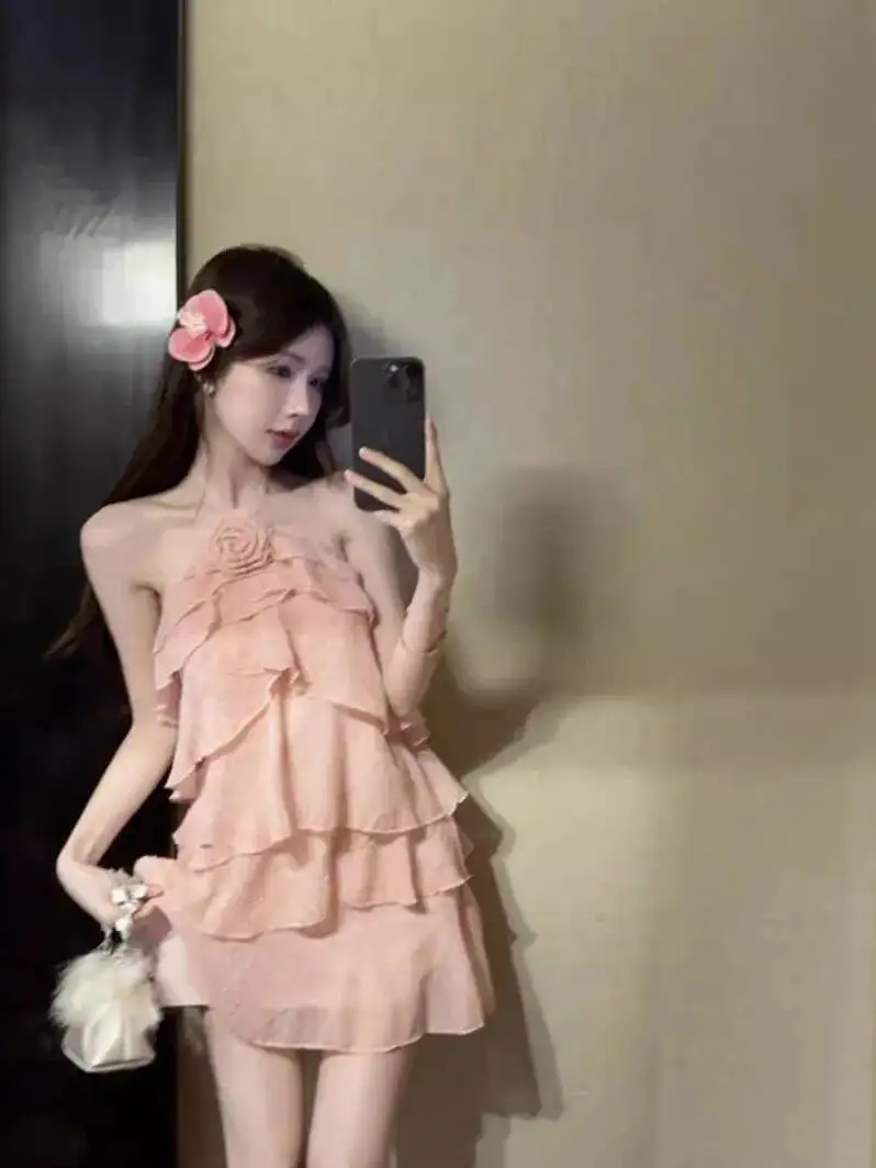 Pure Desire-vestido con cuello colgante y diseño de volantes para chica picante, vestido multicapa con flores y espalda descubierta, moda elegante y dulce 6YDL