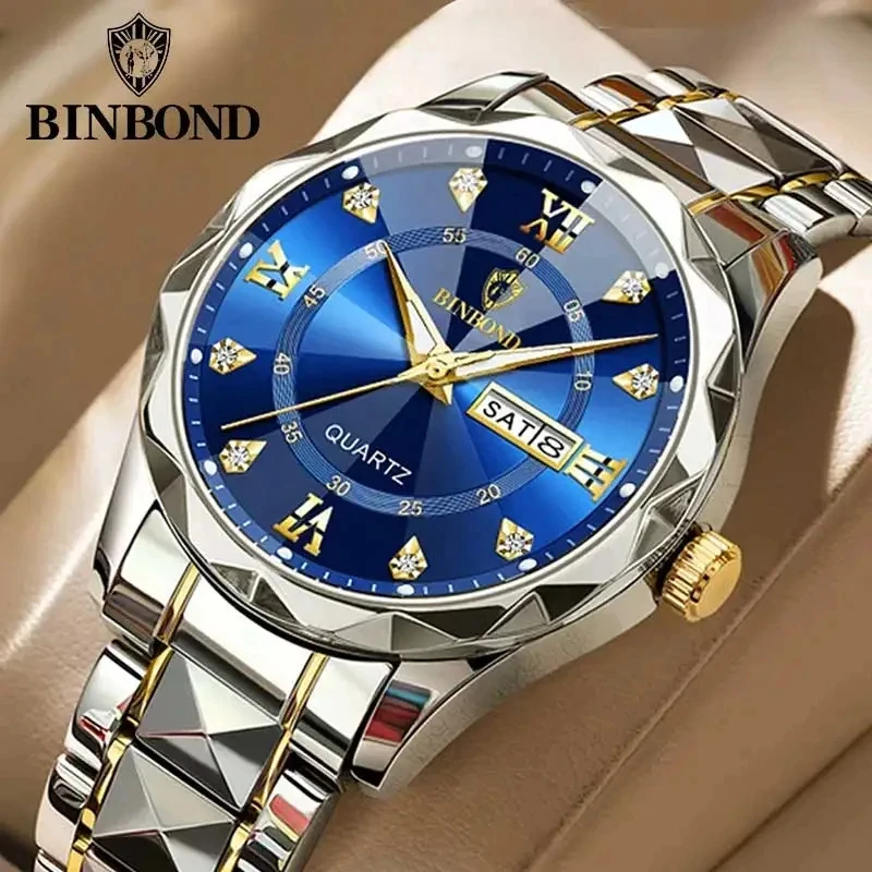 BINBOND Top Brand Luxury Fashion Quartz Watch Men Waterproof Week Date Clock Stainless Steel Sport Watch Men Quartz Wristwatch