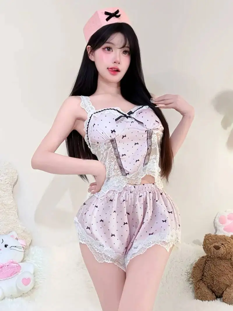 

Pure Desire, сексуальная одежда для сна из ледяного шелка, женская одежда для сна с открытой спиной, кружевной бант, полый жилет, шорты, комплект из двух предметов, кружевная модная женская одежда L6Q3