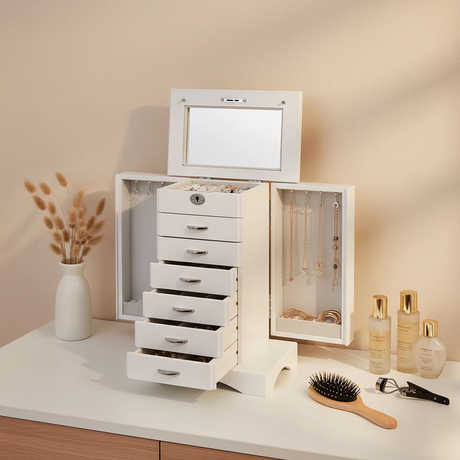 Large Capacity 7-Layer Jewelry Organizer MDF Flocking Lining Necklace Hooks For Earrings Rings Watches Valentine’s Day Gift