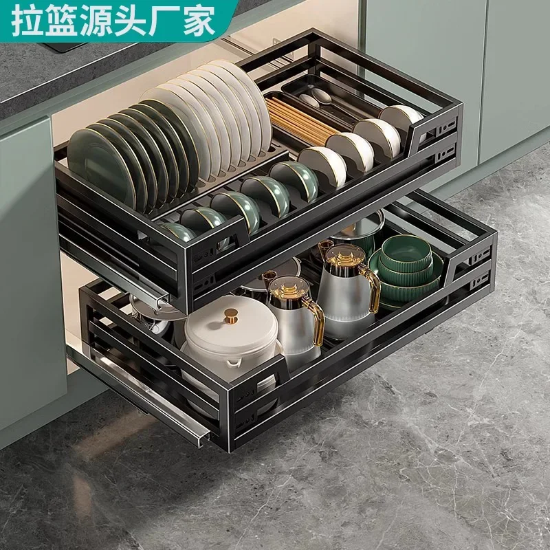 Source Manufacturer Pull Basket Kitchen Cabinet 304 Stainless Steel Double Drawer Bowl Rack Storage Dish Rack Cabinet Bowl Baske