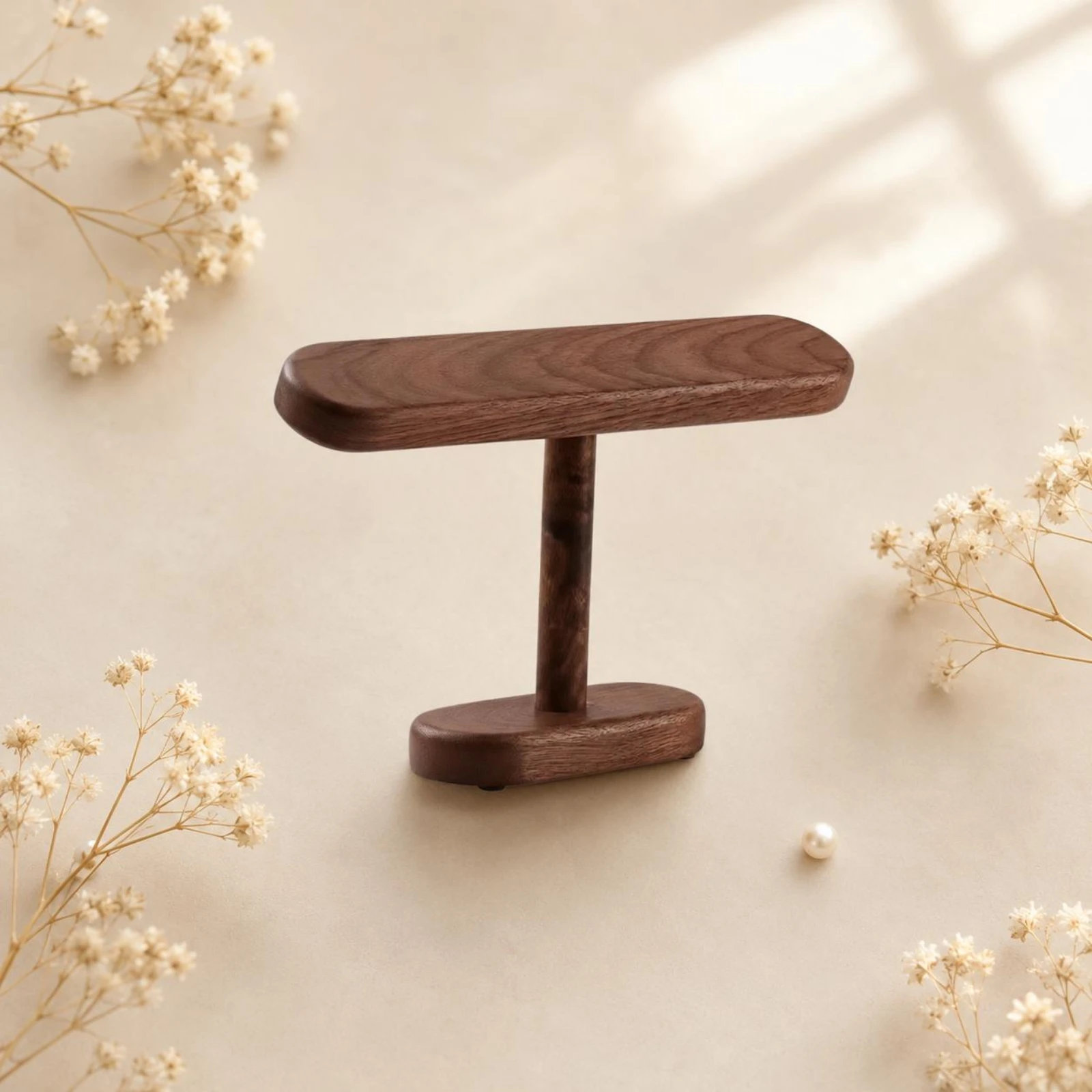T-Shaped Watch Stand Oval Base Wooden Watch Stand T Shaped Bracelet Holder Natural Grain Table Decor Polished Finish