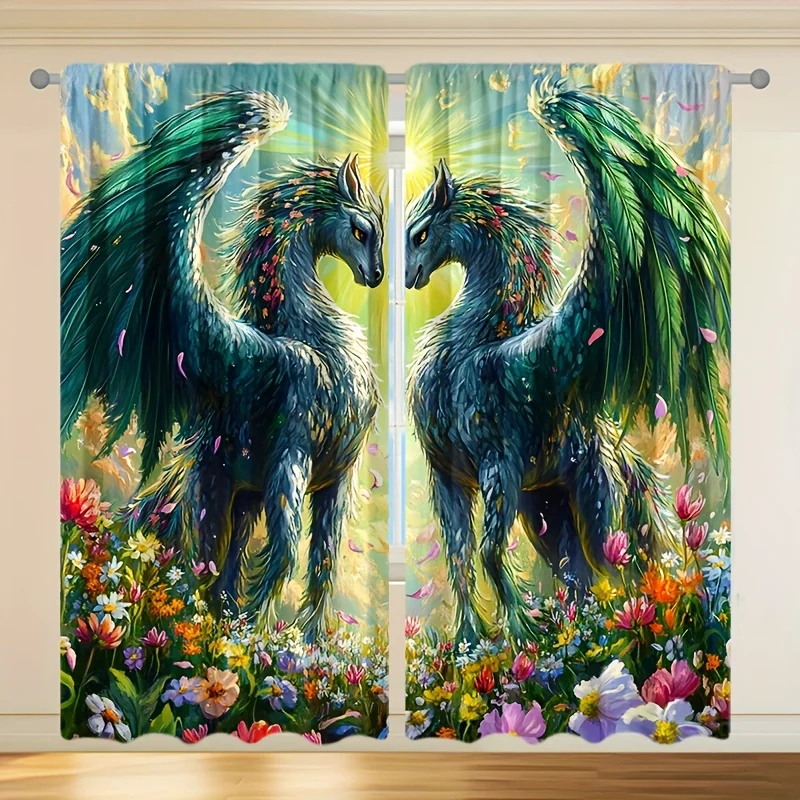 2pcs Set Blackout Curtains with Majestic Green/Blue/Golden Horses & Lush Floral Print - -Themed Window Panels for ' Room