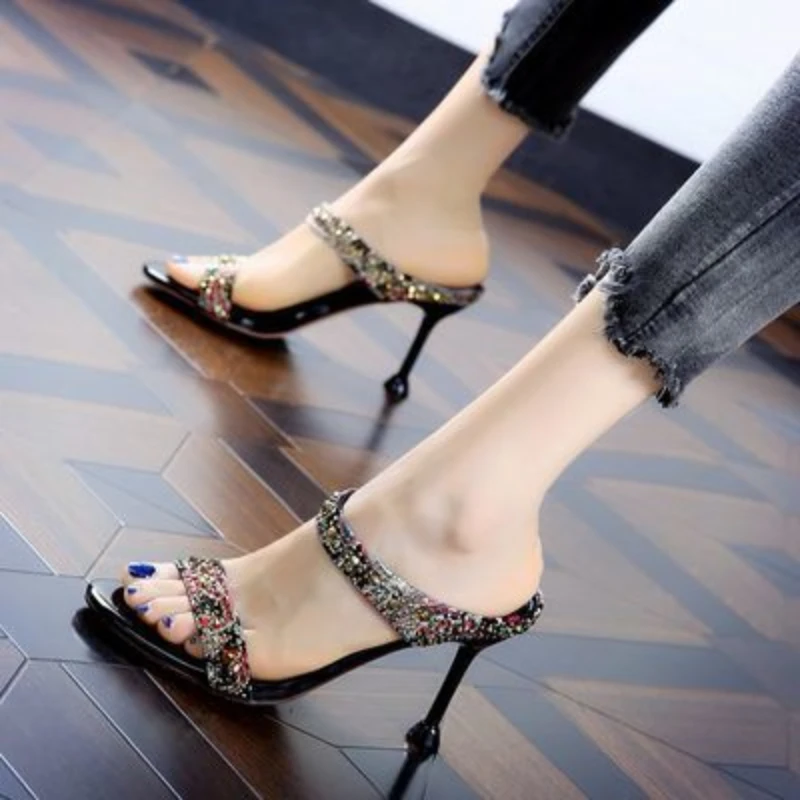 

New Trend Retro High Heels Sandals for Women Shoes Slip-on Rhinestone Open-toe High Heels Feminine Stiletto Heels Women Slippers