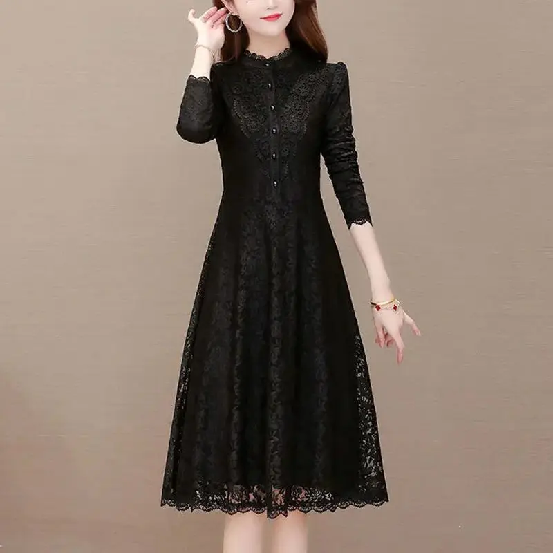 2023 Winter Women's New Fashion Half High Neck Lace Bubble Sleeves Solid Color Thickened Dress Fashion Casual Versatile Dress