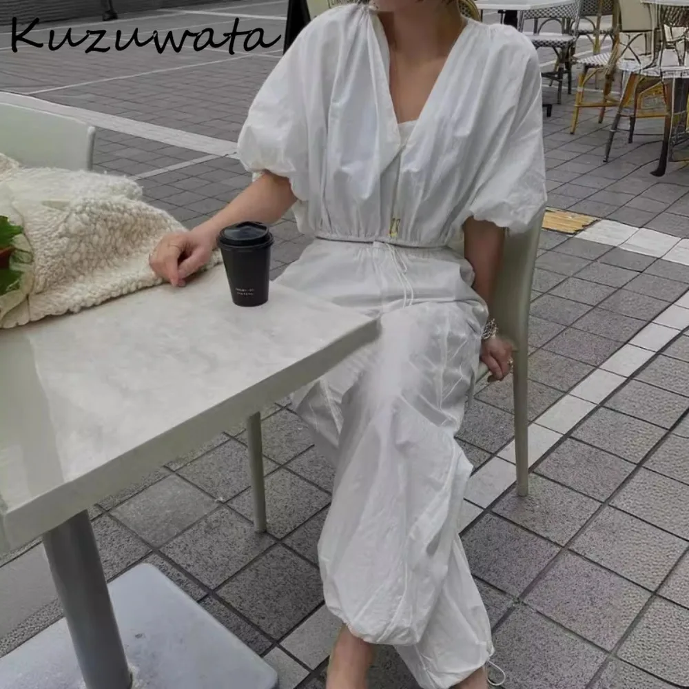 Kuzuwata Solid O Neck Lantern Sleeve All-match Blouses Loose Casual Pullover Soft Cloud Shirt Japan Ball Elasticity Ruched Tops