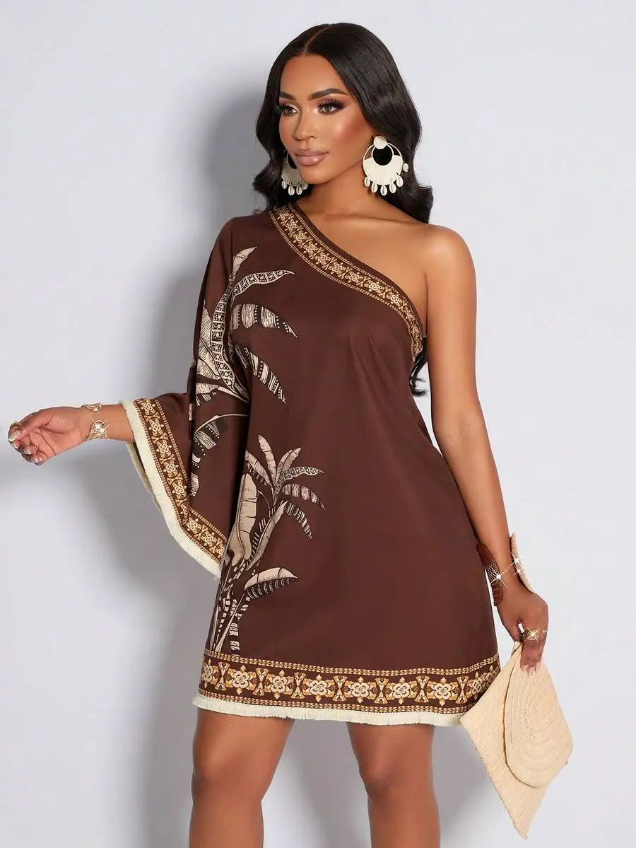 

Women's One-Shoulder Boho Print Mini Dress with Tassel Trim, Casual Summer Wear