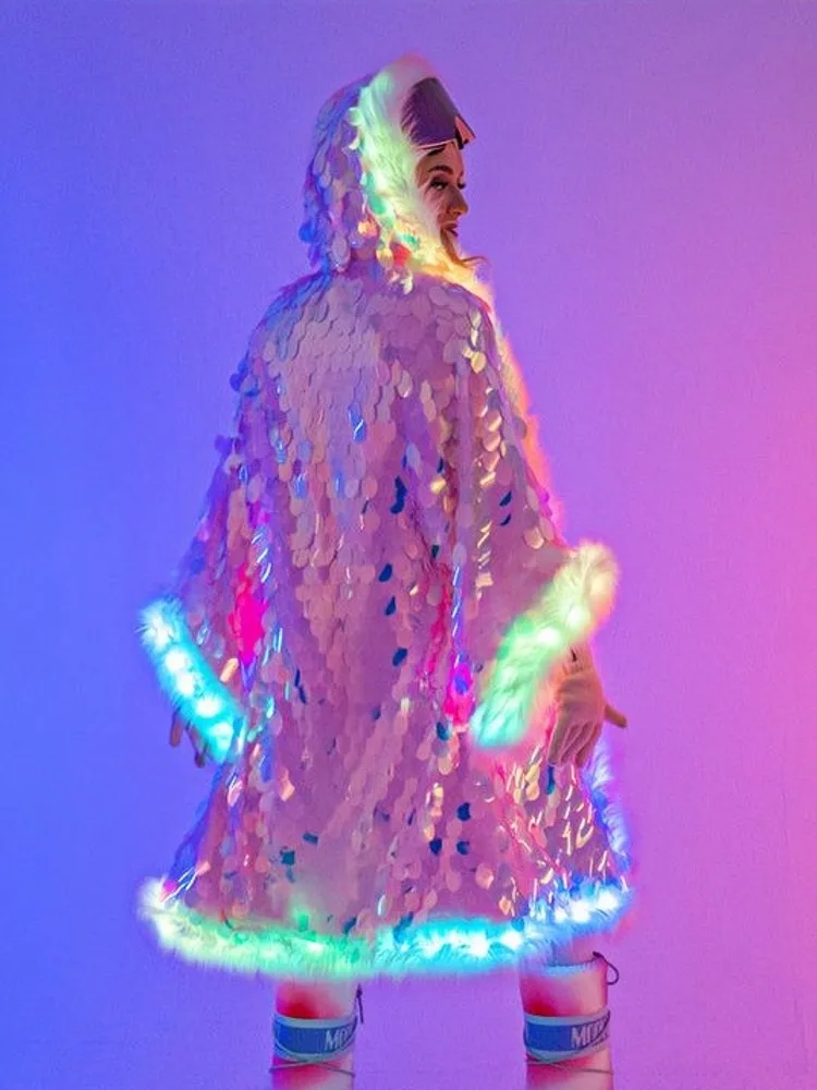New LED Coat Women Faux Fur Light Up Halloween Costume Jacket Shiny Hooded Long Overcoat Winter Warm Party Club Outwear
