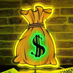 Money Bag with Dollar Sign Neon Sign Motivating LED Wall Light for Home Office Gameroom Bar Decor Wealth Theme Ambiance Lighting