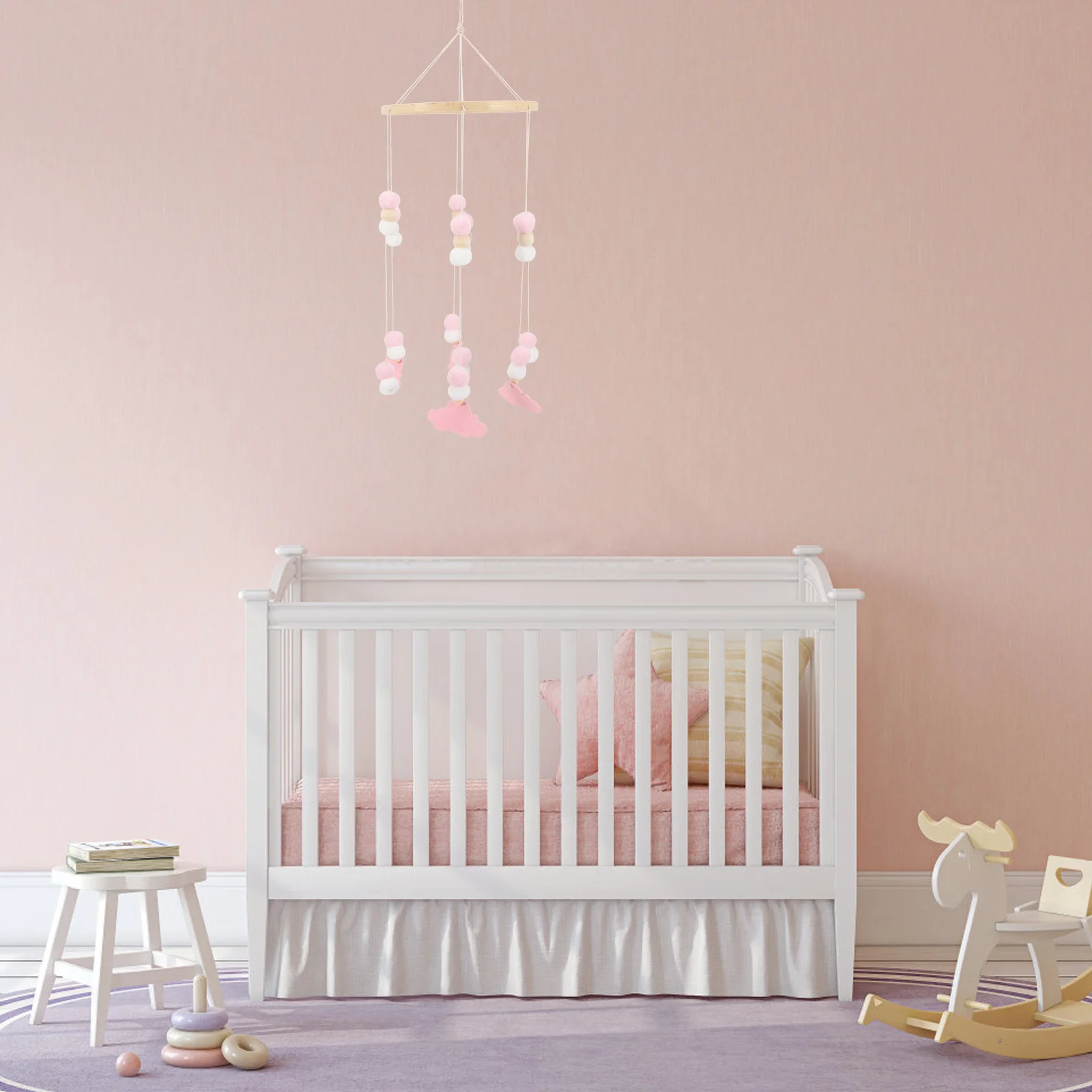 Houten kraal ster olifant babymobiel wieg hangende hanger kinderkamer decoratie wolk windgong blauw zilveren kerstballen