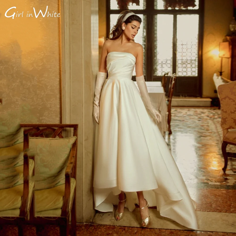 

New Simple Satin A-Line Wedding Dresses Modern Chic Strapless Backless Bridal Gowns Gloves Bride Robes Marrige Vestido De Noiva