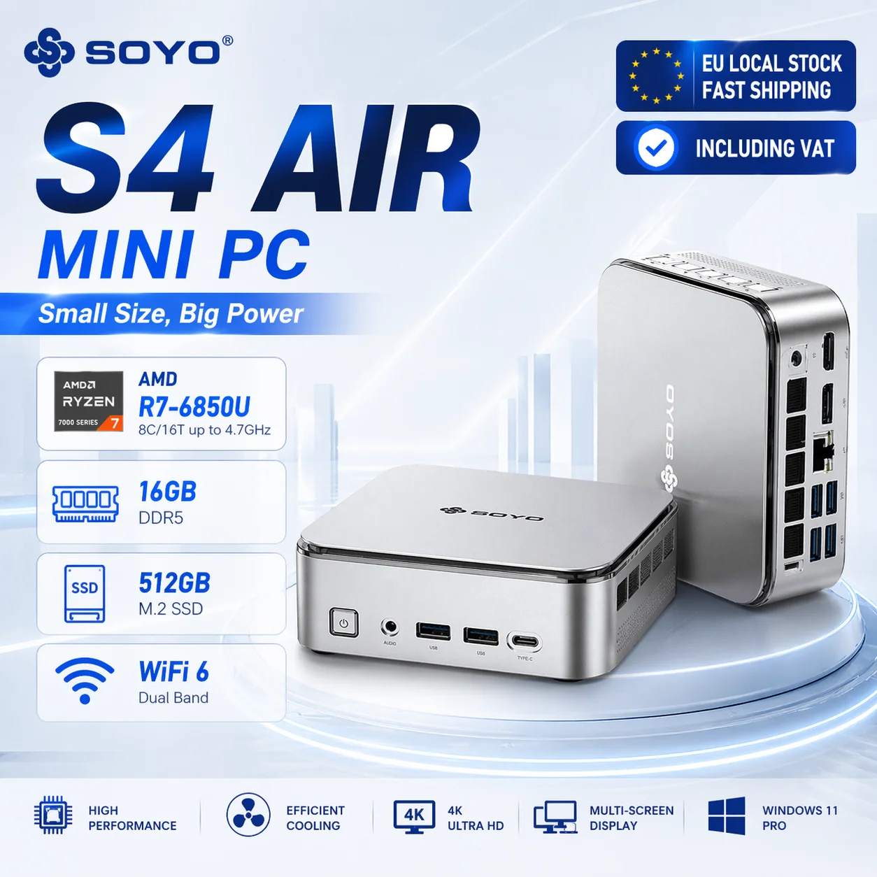 SOYO S4 Air Mini-PC Gaming-Computer AMD R7-6850U CPU 16GB DDR5 512GB SSD NVME PCIE3.0 Windows 11 Pro WiFi6/BT5.2 Mini-Computer
