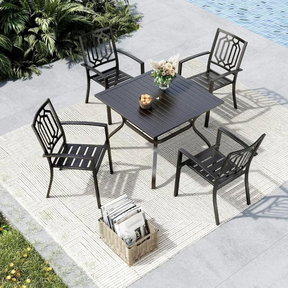 

5 Piece Black Metal Outdoor Dining Set with 4 Stackable Armrest Chairs and 37" Square Table for Indoor and Outdoor