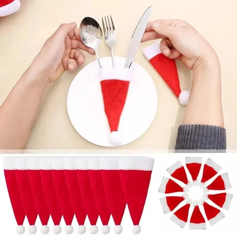 10-60Pcs Merry Christmas Decoration Christmas Tableware Bag Holder Christmas Hat Fork Knife Cutlery Bag Christmas Ornament