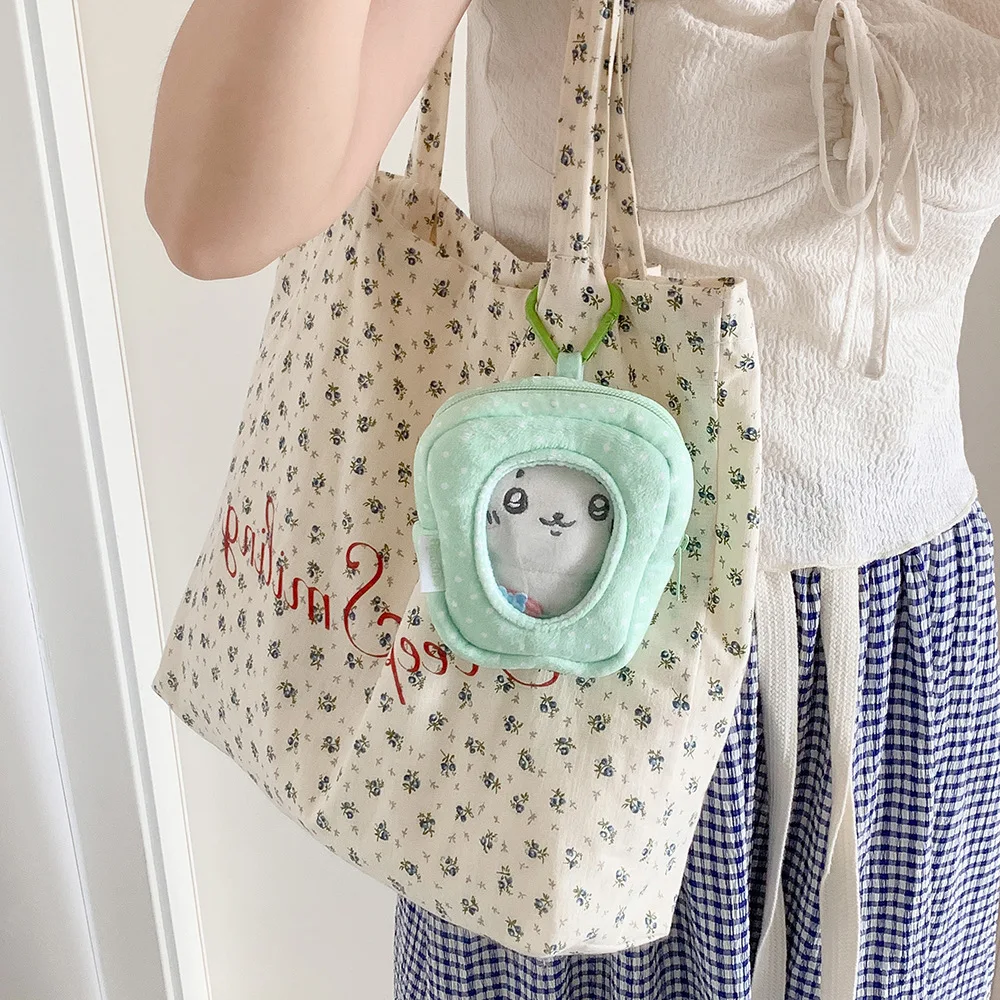 Women Plush Bag Charm Cute Heart Keychain with Clear Window Display Pouch Zipper Mini Coin Purse Decorative Accessory for Purse