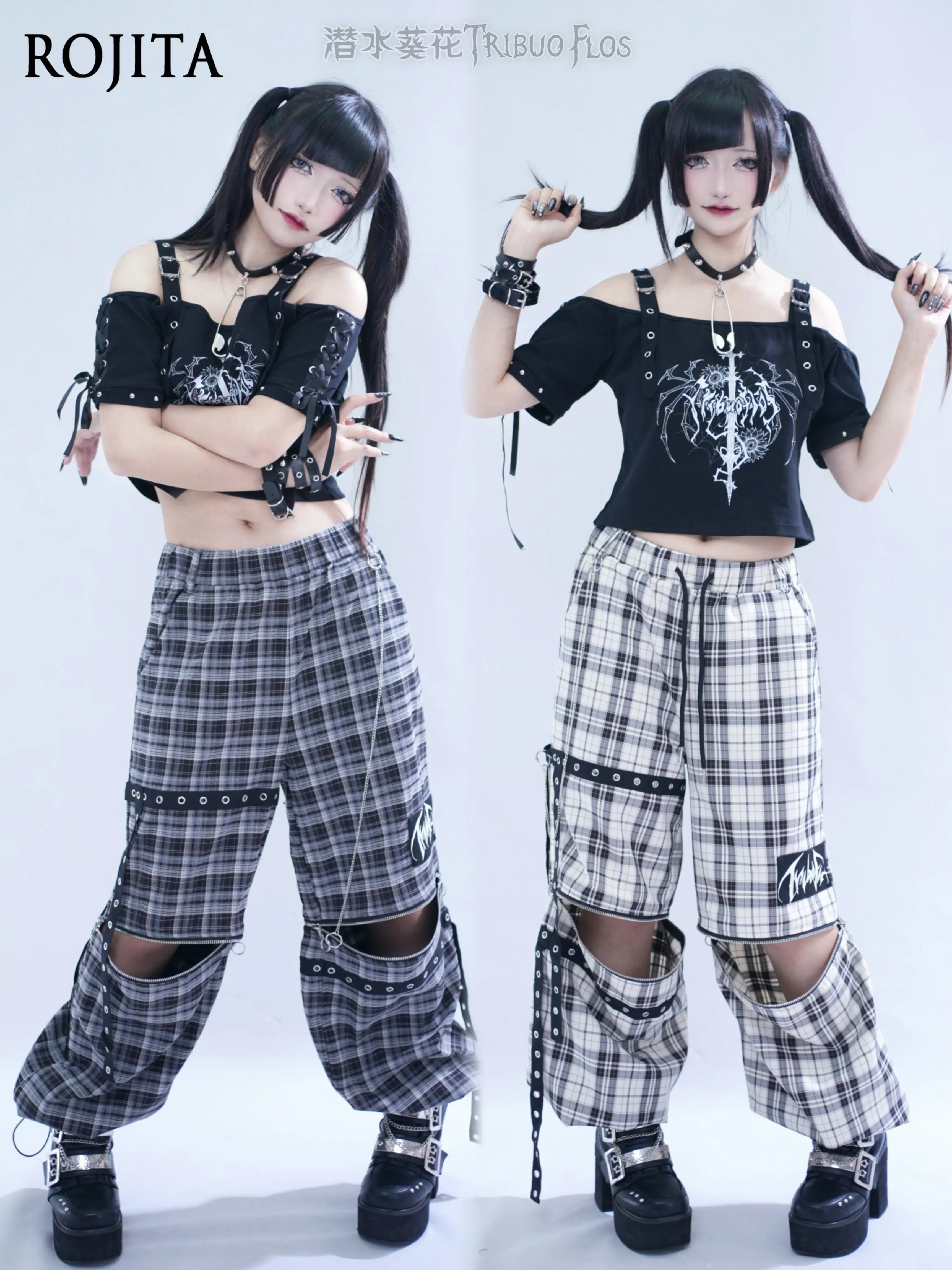 Y2K Punk Plaid Wide Leg Pants Rivet Strap Chain Zip Split Streetwear Trousers Harajuku Dark Rivet Band Chain Plaid Loose Pants