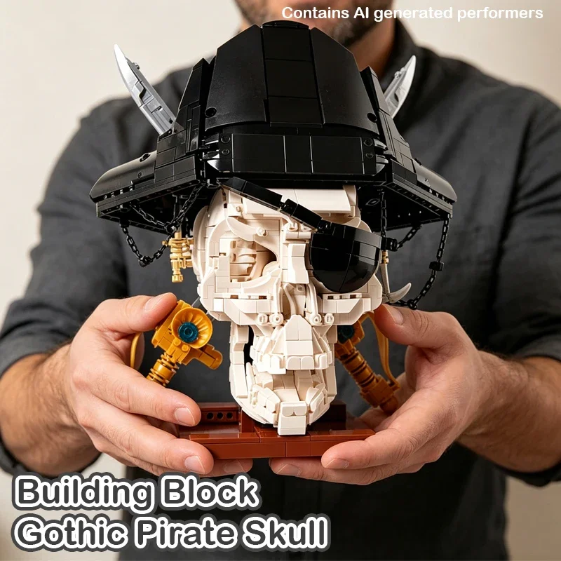 Gothic Pirate Skull Building Set for Adults Horror Skeleton Head Model with Display Base DIY Assembly Brick Home Table Decor Gif