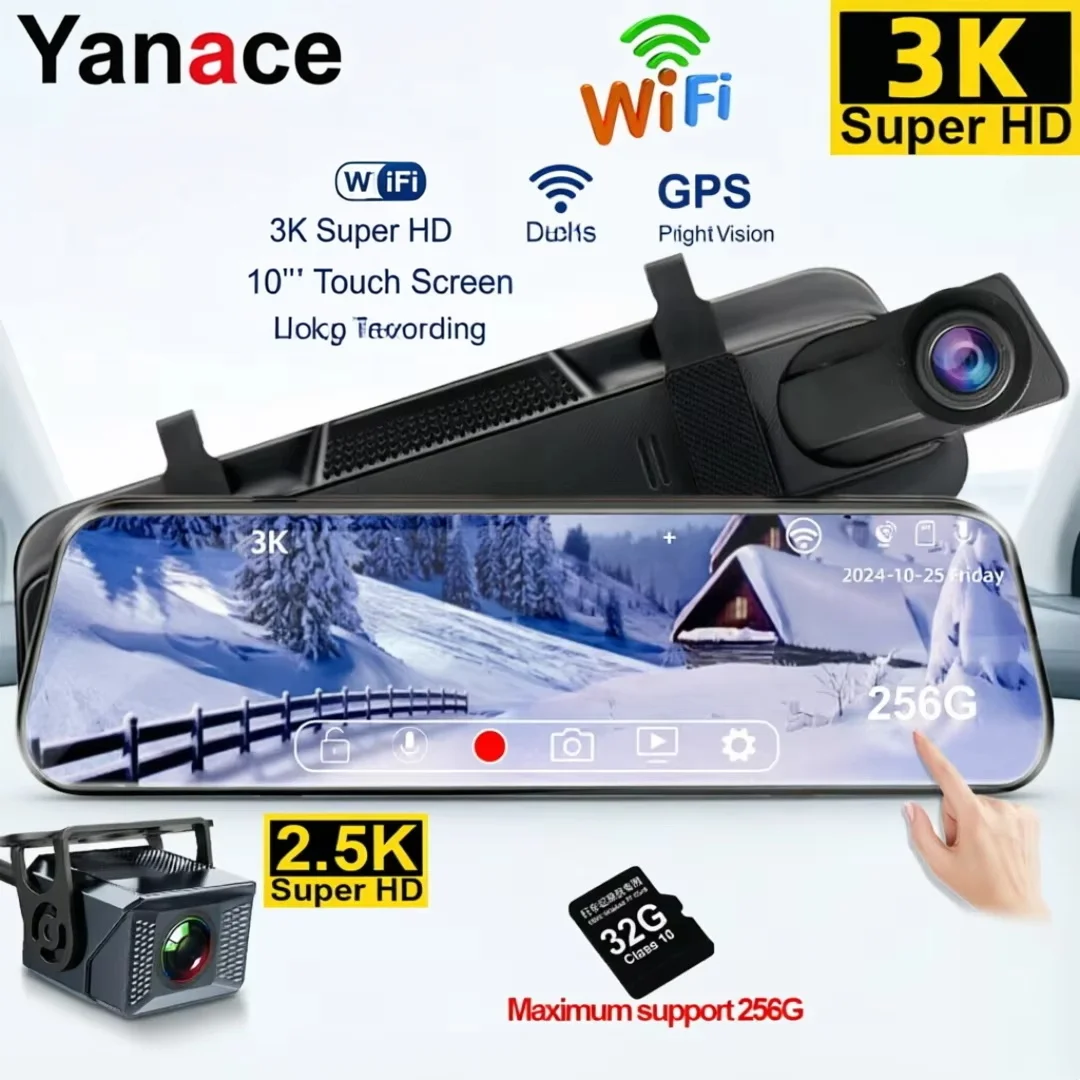 4K Mirror Dash Cam for Cars, Front and Inside Dual Lens WDR Night Vision Motion Detection G-Sensor Support 256GB