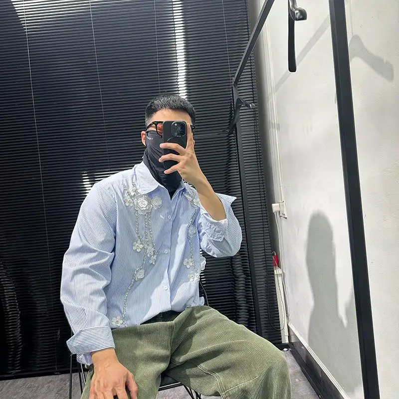 Pu Shuai Avant-Garde Handmade Flower-Ordering High-Grade Long-Sleeved Shirt Men's Korean-Style Fashion Design Blue Striped