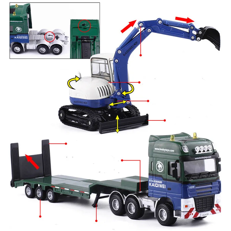 1:50 KDW Alloy Diecast Flatbed trailerwith bulldozer Model Toy Vehicle semitrailer Car For Kids Toys Gift Decoration Collection