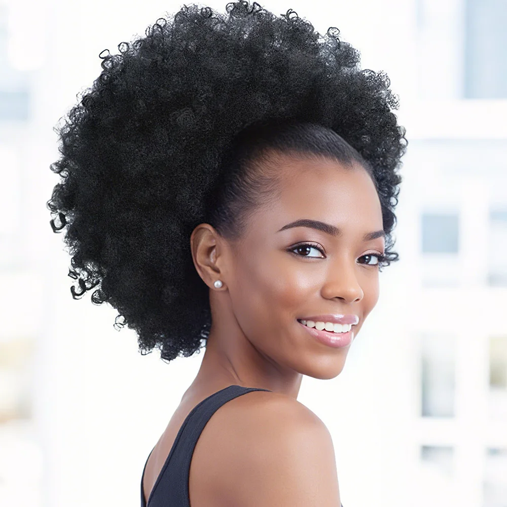 1PC Women's 10-Inch Afro Kinky Curly Synthetic Ponytail Extension with Drawstring Basic Style Afro Puff Hair Bun Wig Daily U