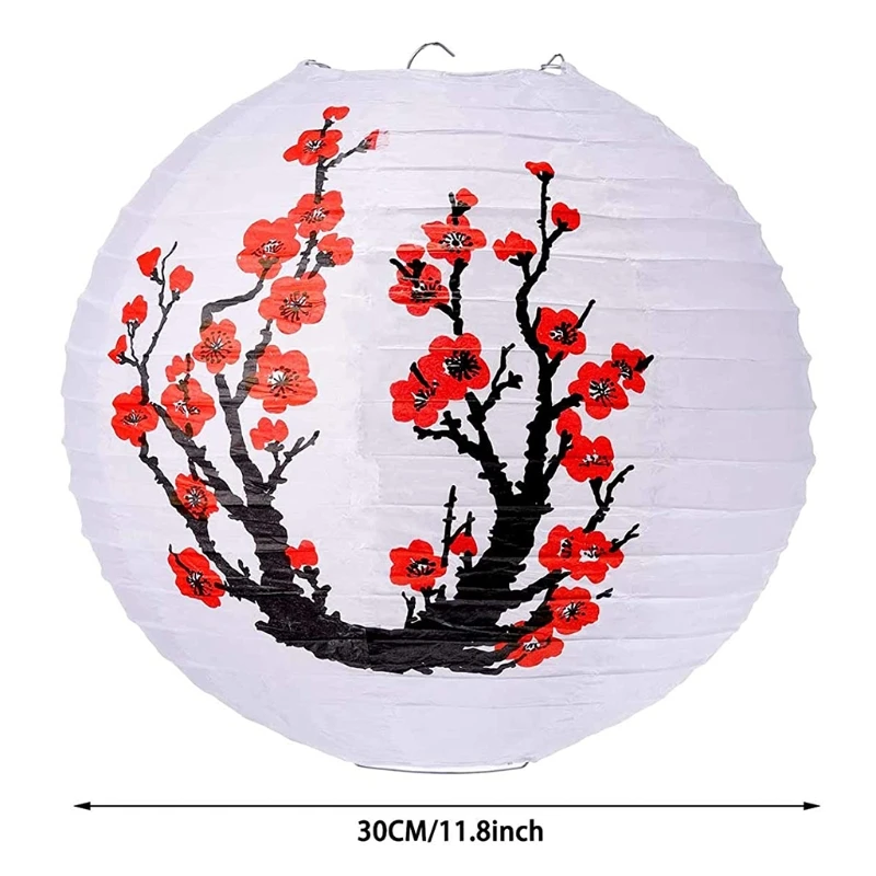 Chinese Oriental Light Red White Plum Blossom Round Paper Lantern Lamp Ready to Hang Fine Workmanship Easy Use