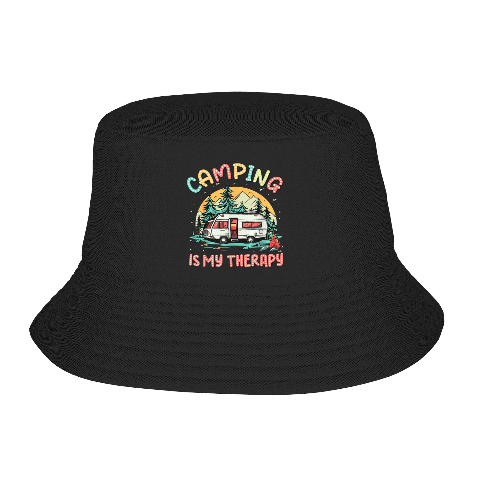Camping is My Therapy Bucket Hat  Street Style Fisherman Caps Soft Fold Beach Travel Sun Hats For Couple Funny Printed Cap