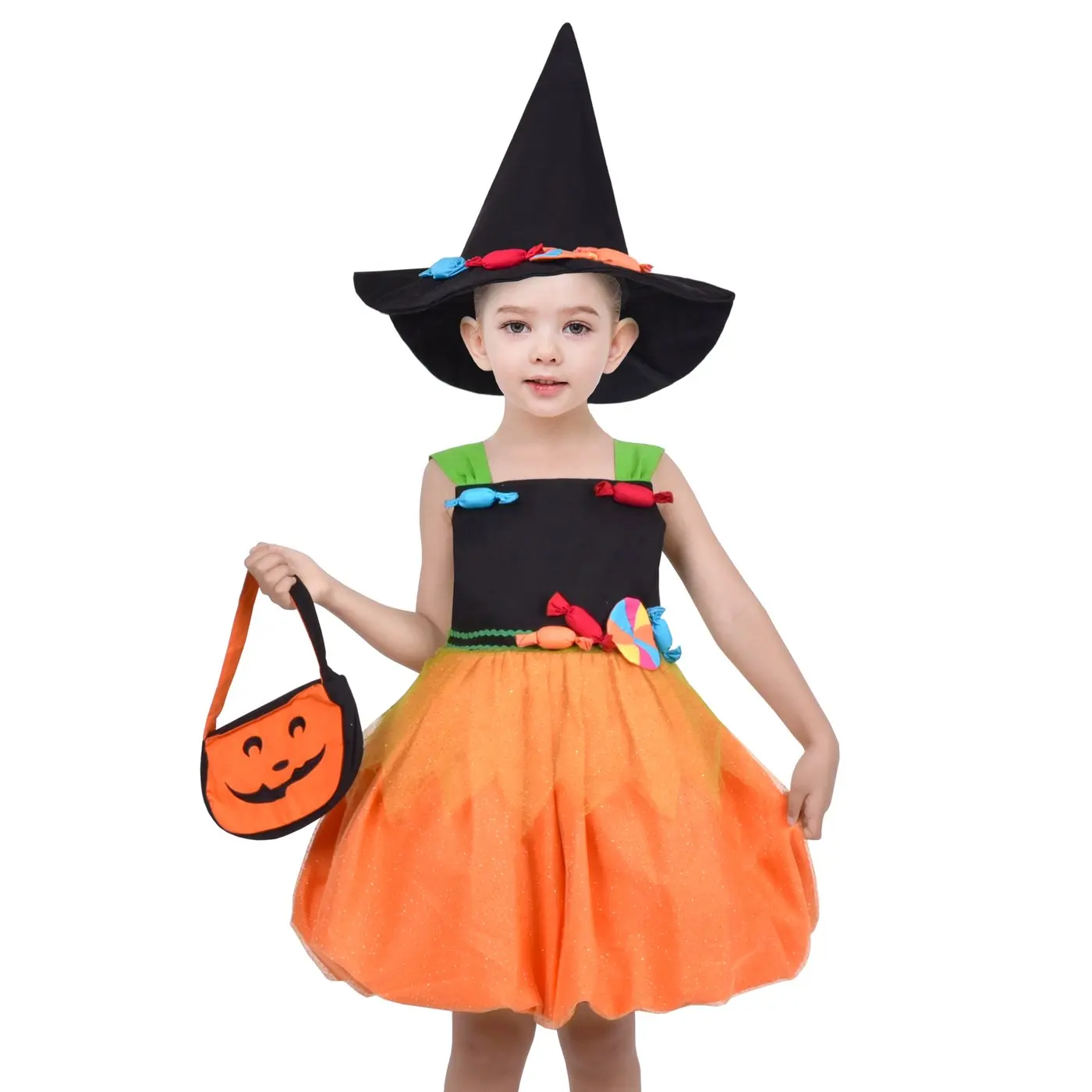 女の子用ドレス-ハロウィン-キャンディ-パンプキン-ハンドバッグ-オレンジ-ブラック