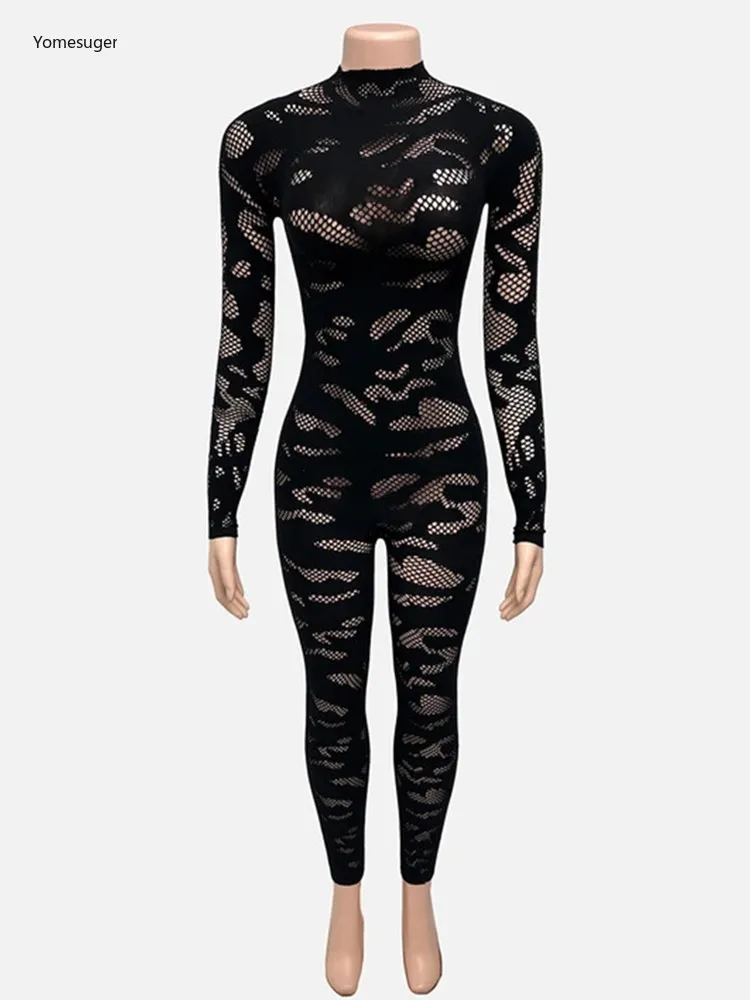 Yomesugar-mono Sexy transparente de encaje para mujer, peleles ajustados de manga larga con cuello redondo, coqueta, ropa para fiesta de medianoche