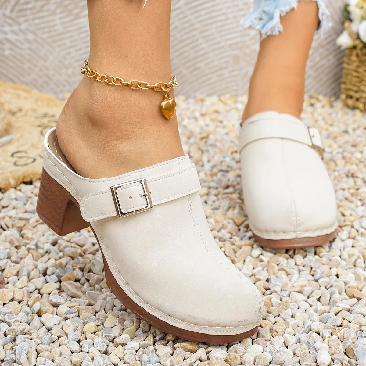 Damen Mules Pantoletten mit hohem Blockabsatz, geschlossene Zehenpartie, zum Hineinschlüpfen, Vintage, Sommer, lässig, bequeme Gehschuhe, Größe 36-43 – Detail 22