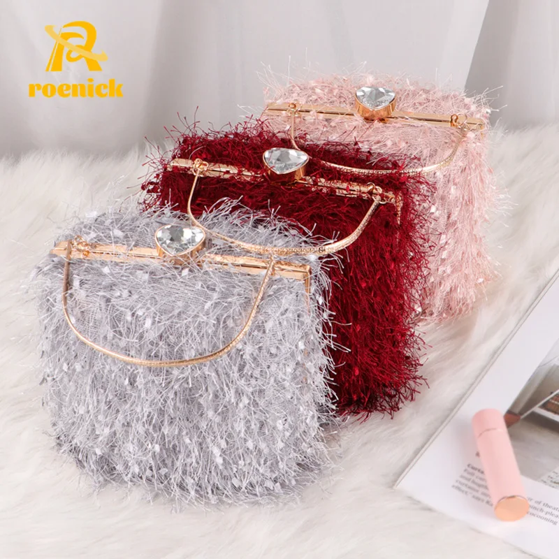 

ROENICK Women Fairy Feather Banquet Square Evening Bags Tassel Lock Chain Day Clutch Dinner Messenger Handbags Plush Mini Totes