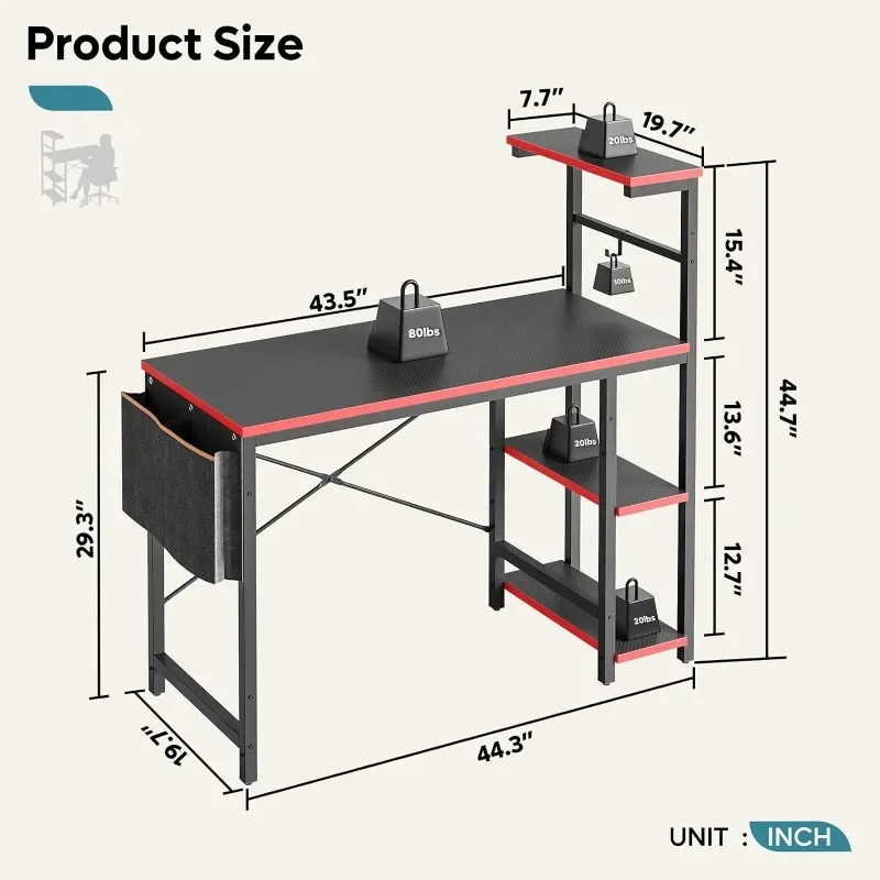 Bestier Gaming Desk with LED Lights, PC Gamer Desk with Side Storage Bag, Black 3D Carbon Fiber, 44 in