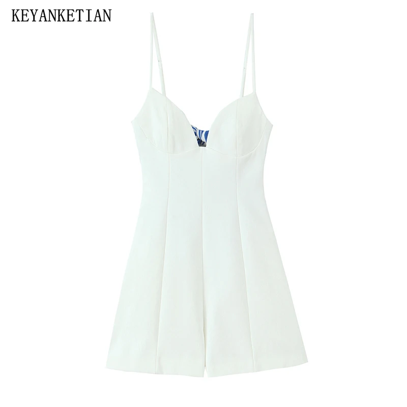 

KEYANKETIAN 2025 Summer New Holiday wind Striped Patchwork Decoration Backless Slip One-piece Pants Women's Sexy Slim Hot Shorts