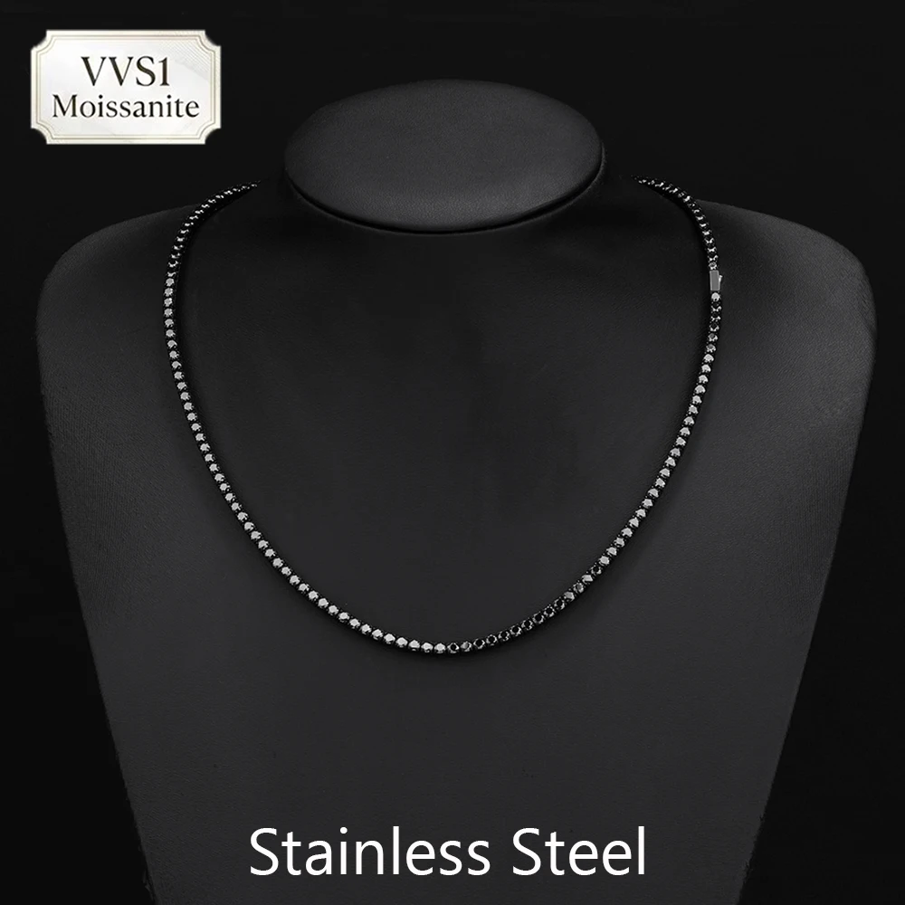 NY Bling Iced Out Black VVS1 Moissanite Tennis Necklace Stainless Steel Black Plated Fine Hip Hop Jewelry Pass The Diamond Test