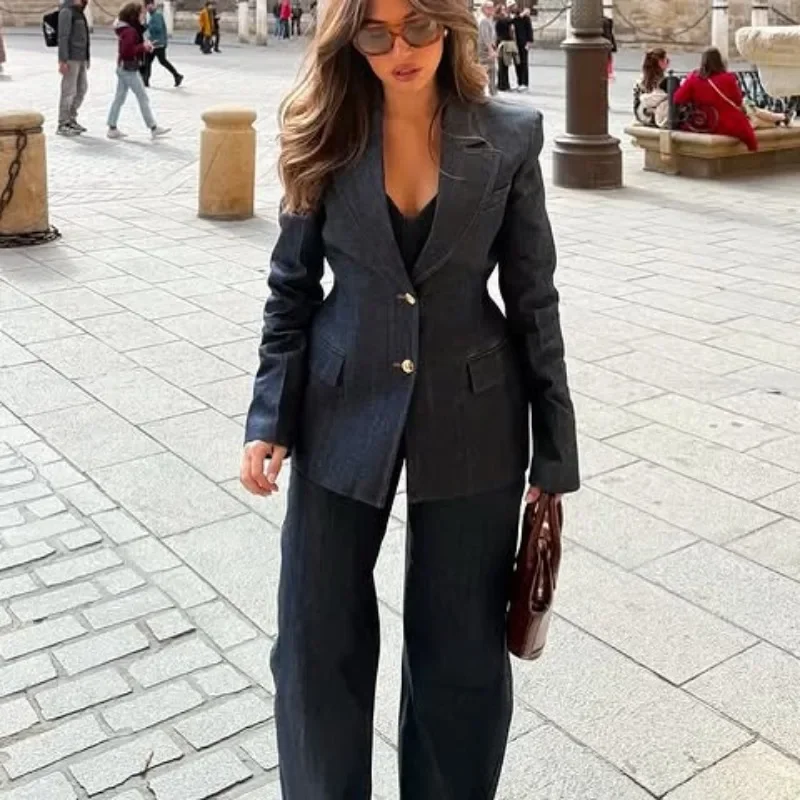 

Джинсовые комплекты брюк в стиле ретро, комплект из 3 предметов для женщин, блейзер с лацканами и завязкой на талии, жилеты без бретелек, прямые брюки, уличная одежда 2025 г.