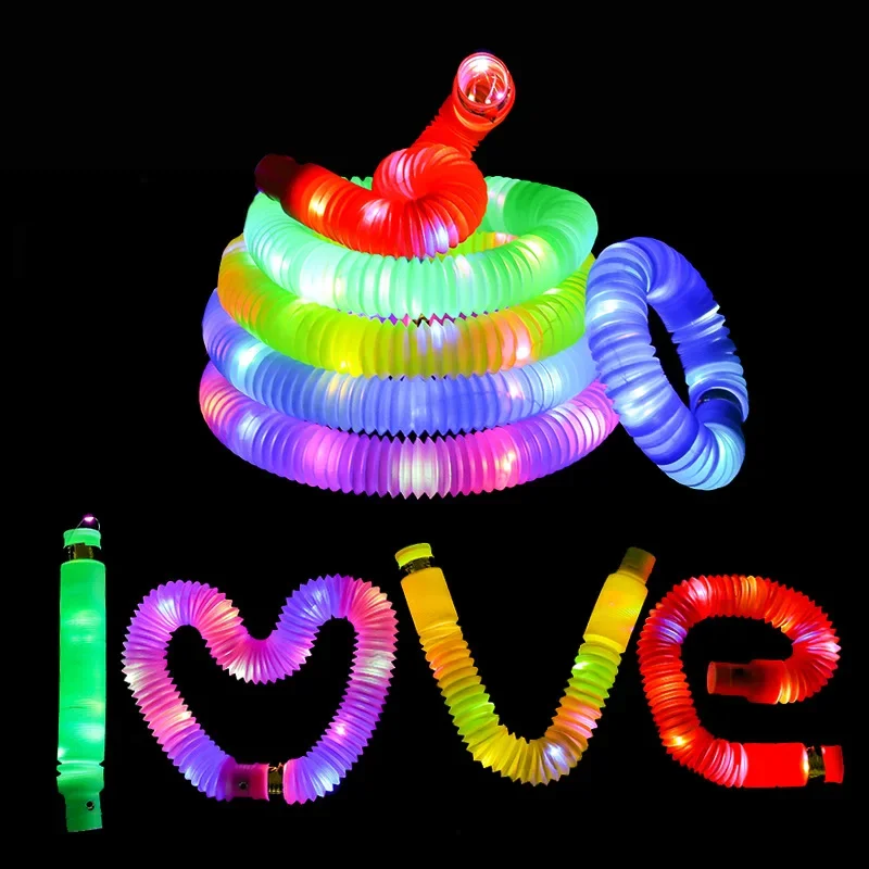 12pcs Random Colors Decompression Luminescent Telescopic Tube Toy Flash Corrugated Tube Decompression Toy LED Party Toys