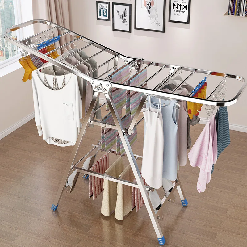 

Indoor Stainless Steel Clothes Drying Rack Simple Foldable Free-Standing Baby Clothes Holder Balcony Quilt Drying Frame
