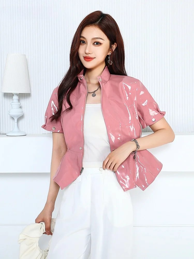 Nerazzurri Pink Glossy Paint Leather Jacket Women's Short Waist-Cinching Slimming Detachable Sleeve PU Leather Jacket