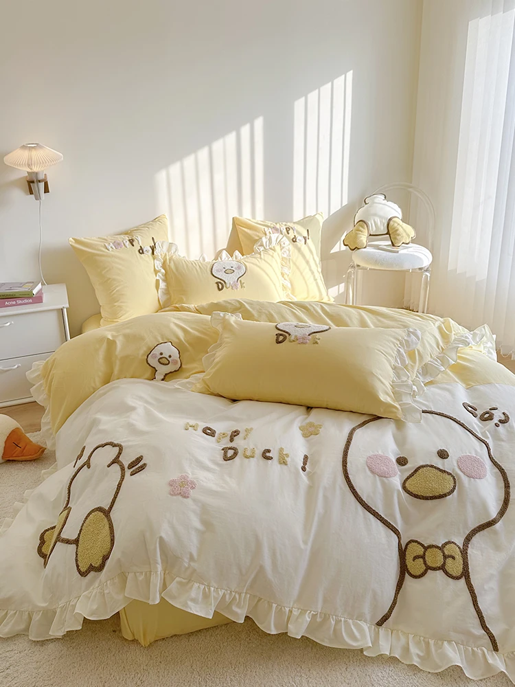

Cute Duck Embroidery Cotton Bedding Set Pure Washed Cotton Girls Heart Cartoon Bedding Duvet Cover Pillowcase Bed Sheet